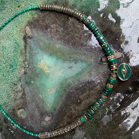 Collier heishi malachite et pyrite