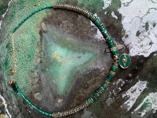 Collier heishi malachite et pyrite