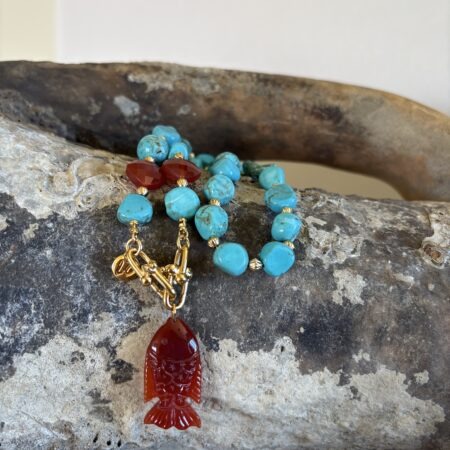 Collier Turquoise et cornaline, pendentif poisson rouge (pièce unique)