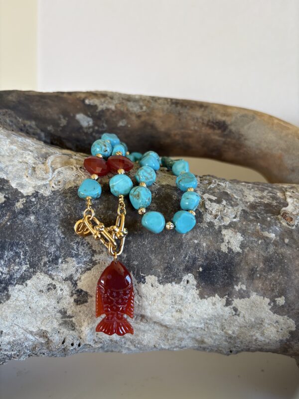 Collier Turquoise et cornaline, pendentif poisson rouge (pièce unique)